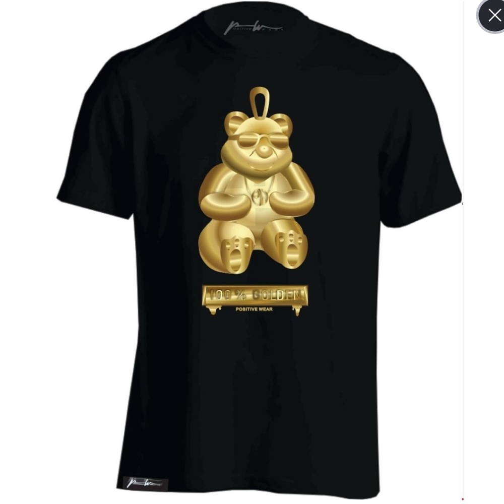 Positive Wear Mens Black T-Shirt Gold Bear Design
